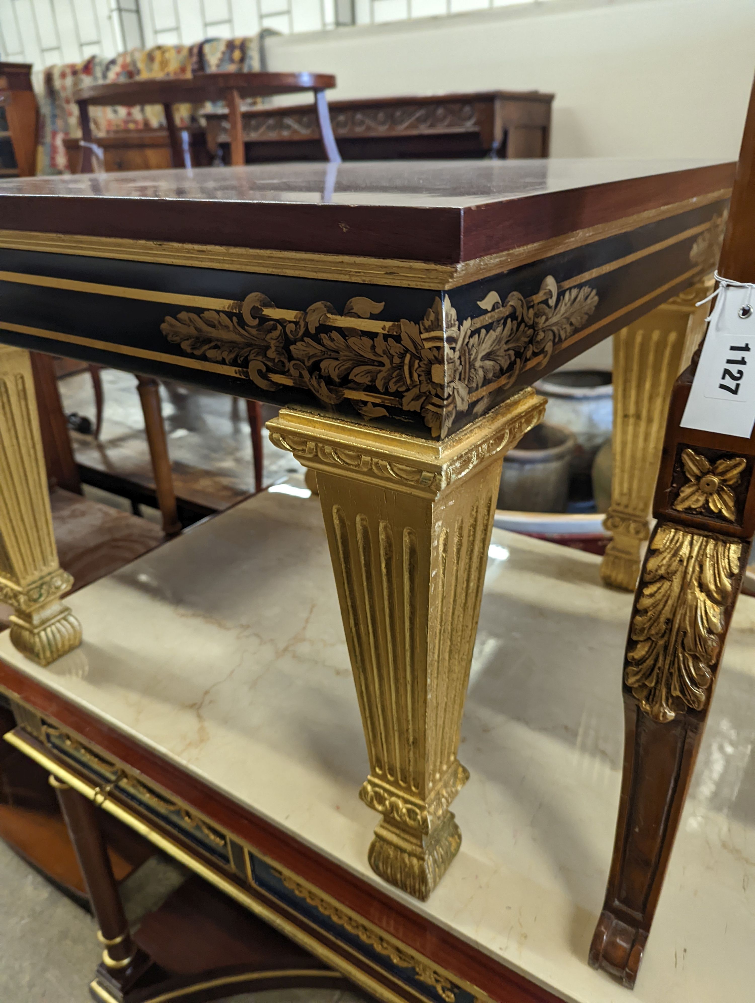 An Empire style parcel gilt mahogany elbow chair together with a similar square low occasional table, width 70cm, height 55cm